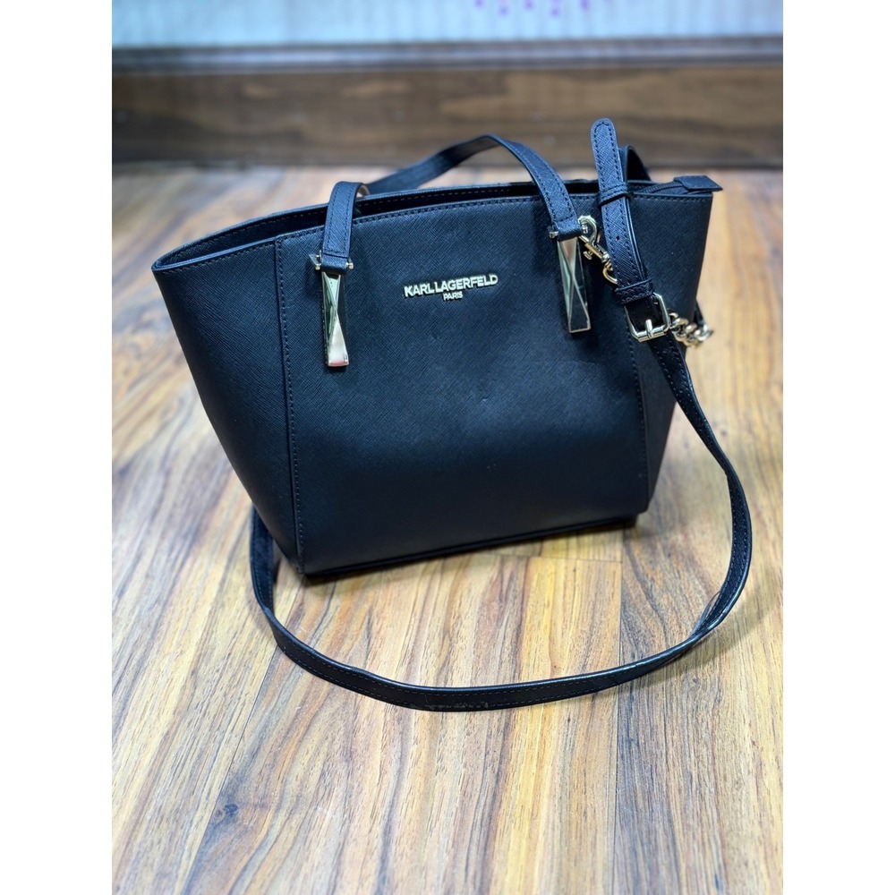 Karl Lagerfeld Paris Black Structured Tote Crossbody Bag Gold Hardware